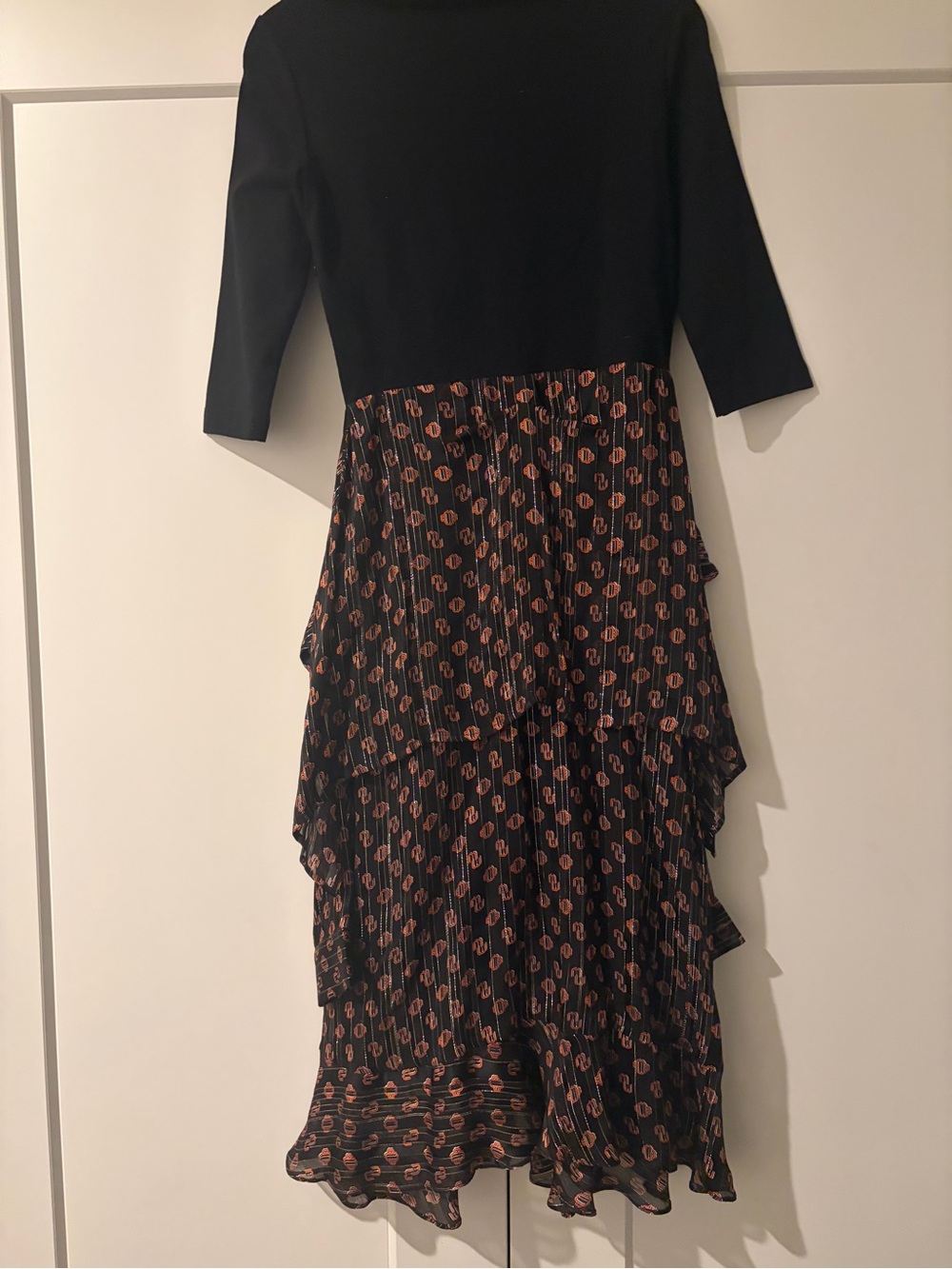 Maje Black Bodice with Rust-Print Tiered Midi Dress